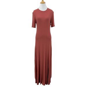 All Row Dress Womens M Medium Dusty Rose Ribbed Slit Short Sleeve Stretch Maxi